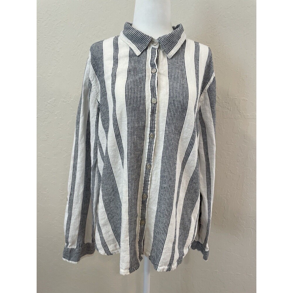 ~ Linen Blend Orvis XL Button Blouse Coastal Stripe Black Ivory Beachy Top - Picture 5 of 15